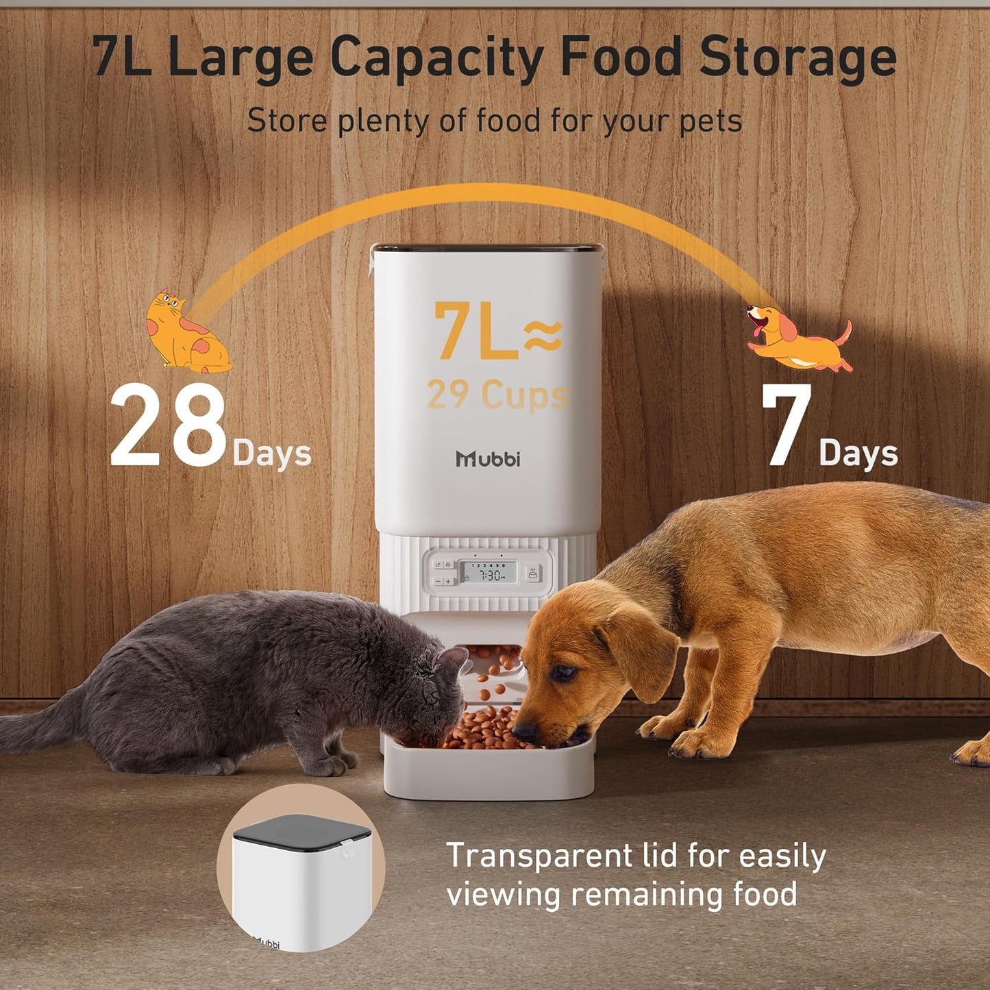 Automatic Cat Feeders, 7L/29 Cups Automatic Dog Feeder with Desiccant Bag, 1-6 Meals Ideal for 2-15Mm Dry Food, Suitble for Multiple Pets, Dual Power Supply, Detachable Washable