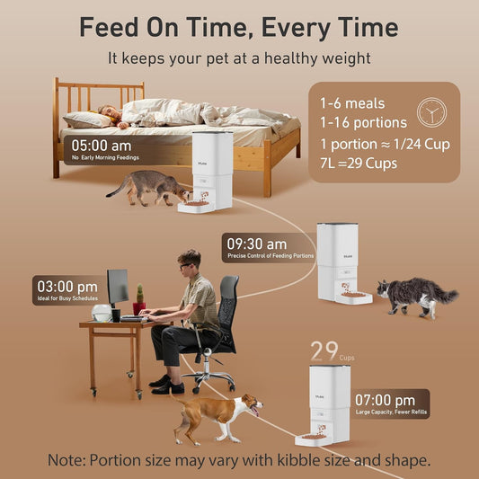 Automatic Cat Feeders, 7L/29 Cups Automatic Dog Feeder with Desiccant Bag, 1-6 Meals Ideal for 2-15Mm Dry Food, Suitble for Multiple Pets, Dual Power Supply, Detachable Washable