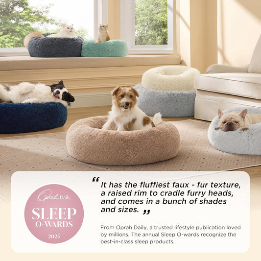 Calming Dog Bed Medium Size Dog - Donut Washable Medium Pet Bed, 30 Inches Anti-Slip round Fluffy Plush Faux Fur Cat Bed, Fits up to 45 Lbs Pets, Camel
