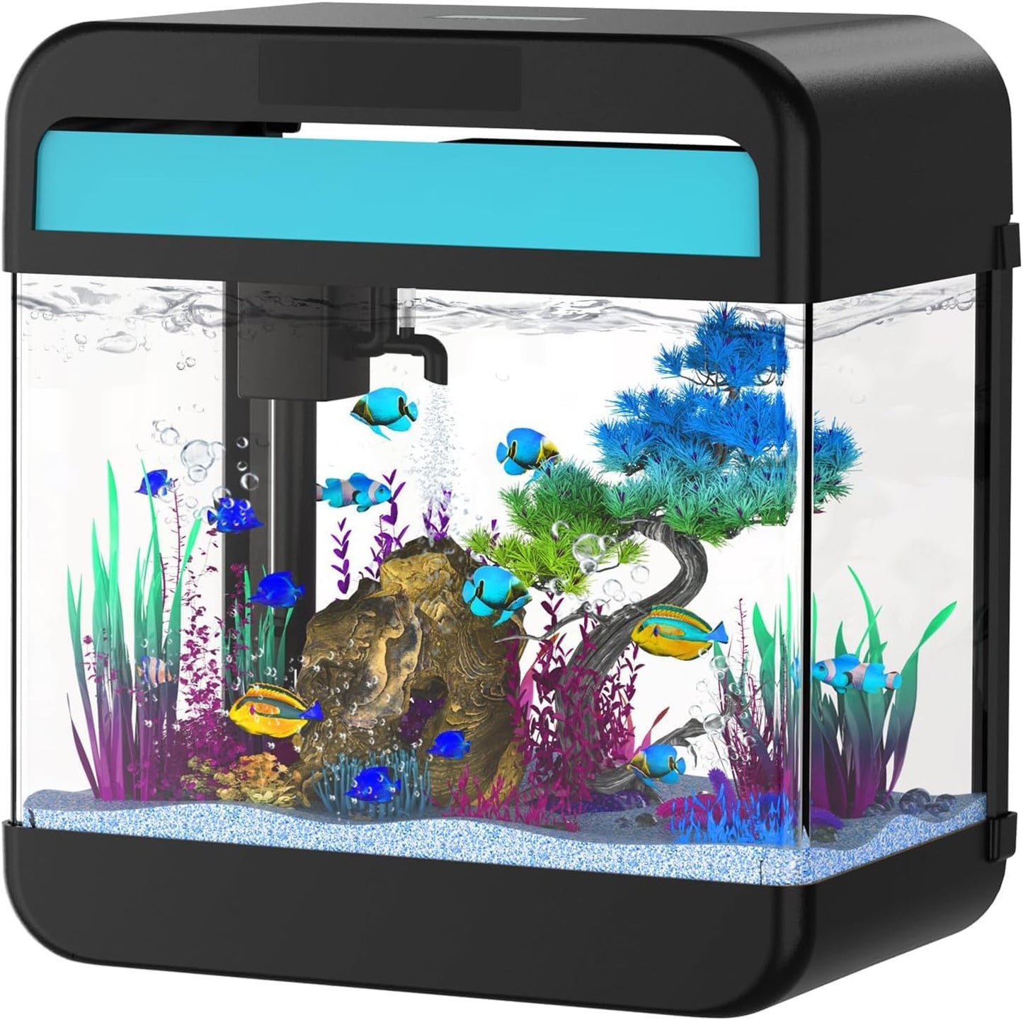 Fish Tank Aquarium 2.2 Gallon with 7 Color Auto-Looping Light, Fish Bowl with Humidifier 3 in 1 Pump - Filteration & Oxygenation & Circulation, Temperature Display, HD Float Glass, Thickened Base