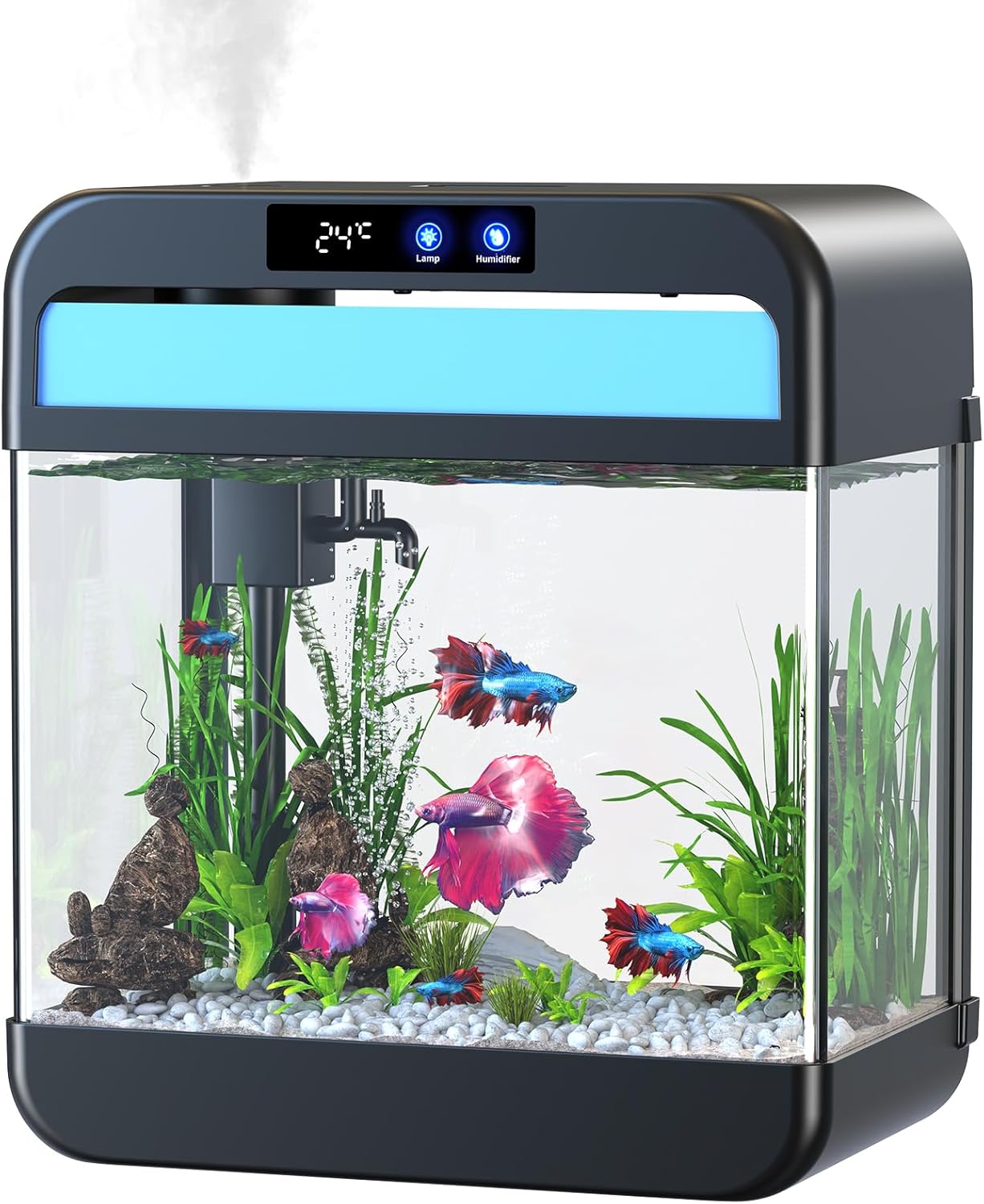 Fish Tank Aquarium 2.2 Gallon with 7 Color Auto-Looping Light, Fish Bowl with Humidifier 3 in 1 Pump - Filteration & Oxygenation & Circulation, Temperature Display, HD Float Glass, Thickened Base