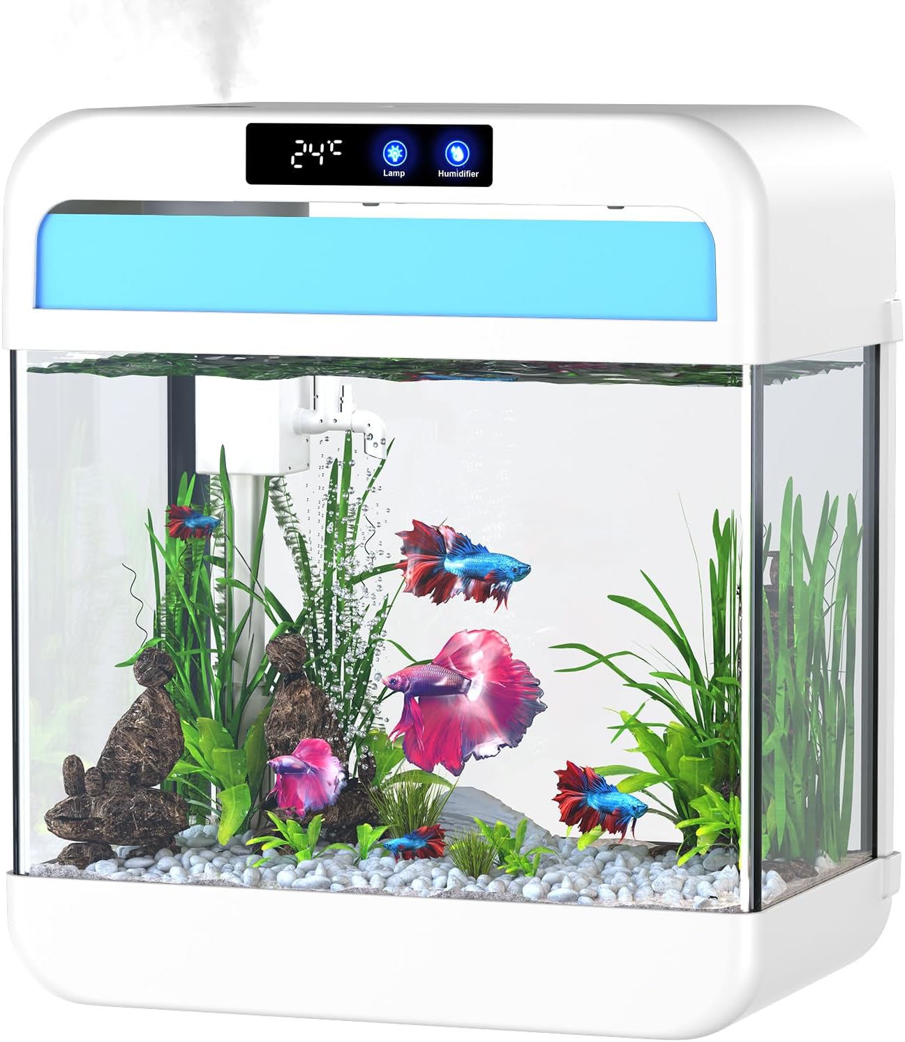 Fish Tank Aquarium 2.2 Gallon with 7 Color Auto-Looping Light, Fish Bowl with Humidifier 3 in 1 Pump - Filteration & Oxygenation & Circulation, Temperature Display, HD Float Glass, Thickened Base