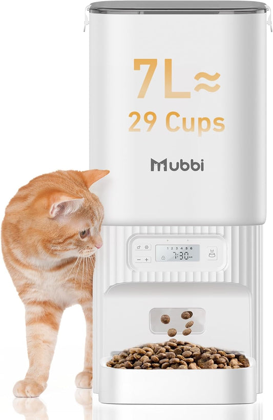 Automatic Cat Feeders, 7L/29 Cups Automatic Dog Feeder with Desiccant Bag, 1-6 Meals Ideal for 2-15Mm Dry Food, Suitble for Multiple Pets, Dual Power Supply, Detachable Washable