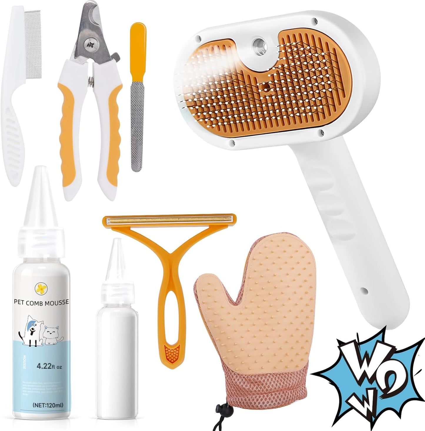 Pet Steam Brush for Dog & Cat – 3-In-1 Spray Hair Removal Comb – Steam for Shedding & Grooming – Water Brush for Long & Short Haired Pets – Spritz Defur Comb – Includes Waterless Shampoo