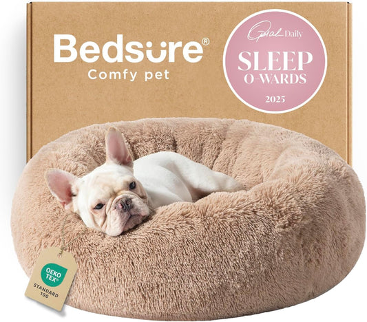 Calming Dog Bed Medium Size Dog - Donut Washable Medium Pet Bed, 30 Inches Anti-Slip round Fluffy Plush Faux Fur Cat Bed, Fits up to 45 Lbs Pets, Camel